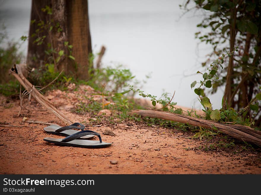 Old Thongs or flip flops on red field on summer day. Color photo landscape, daylight, daytime. Old Thongs or flip flops on red field on summer day. Color photo landscape, daylight, daytime.