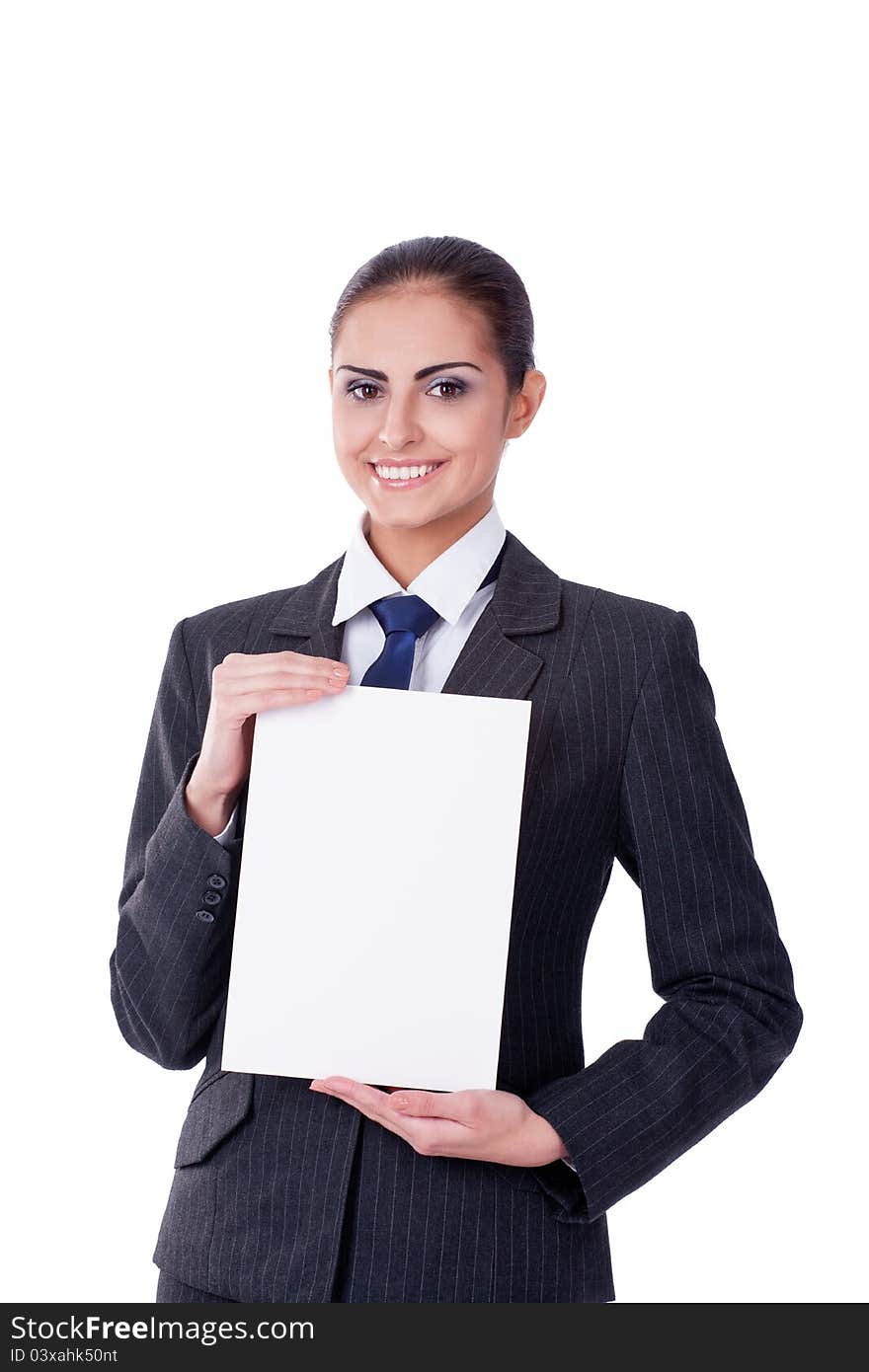 Young businesswoman pointing into empty