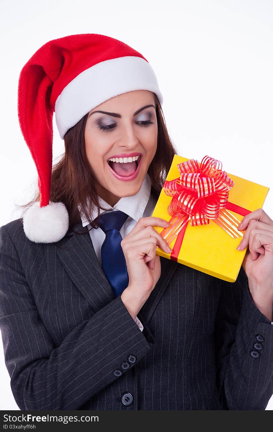 Businesswoman wearing a santa's hat, isolated on white background. Businesswoman wearing a santa's hat, isolated on white background