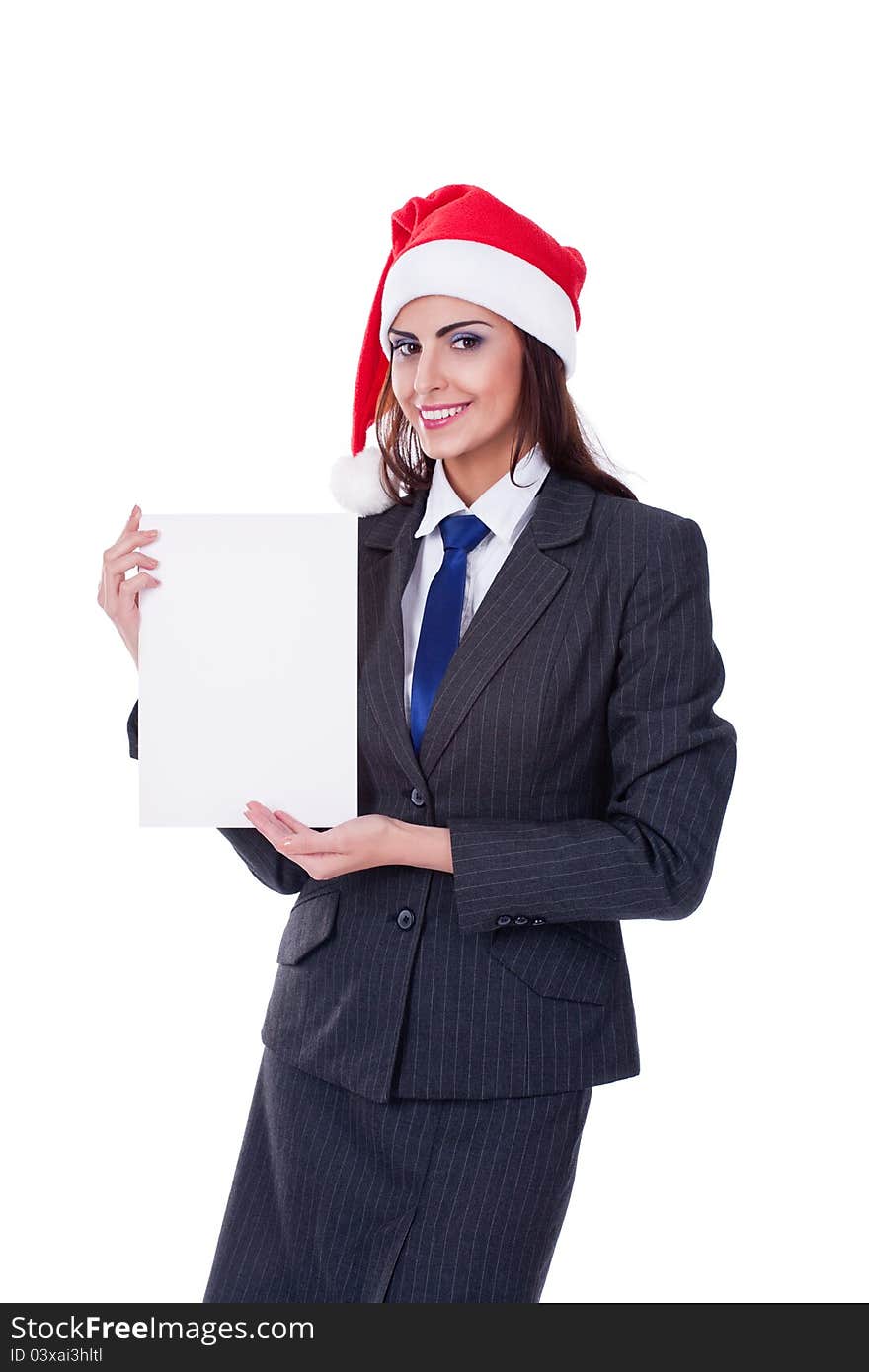 Christmas businesswoman with blank billboard