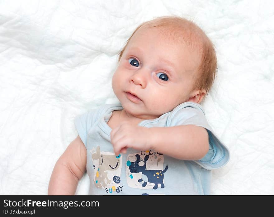 Happy Baby Boy on white diaper Has stretched hands. Happy Baby Boy on white diaper Has stretched hands