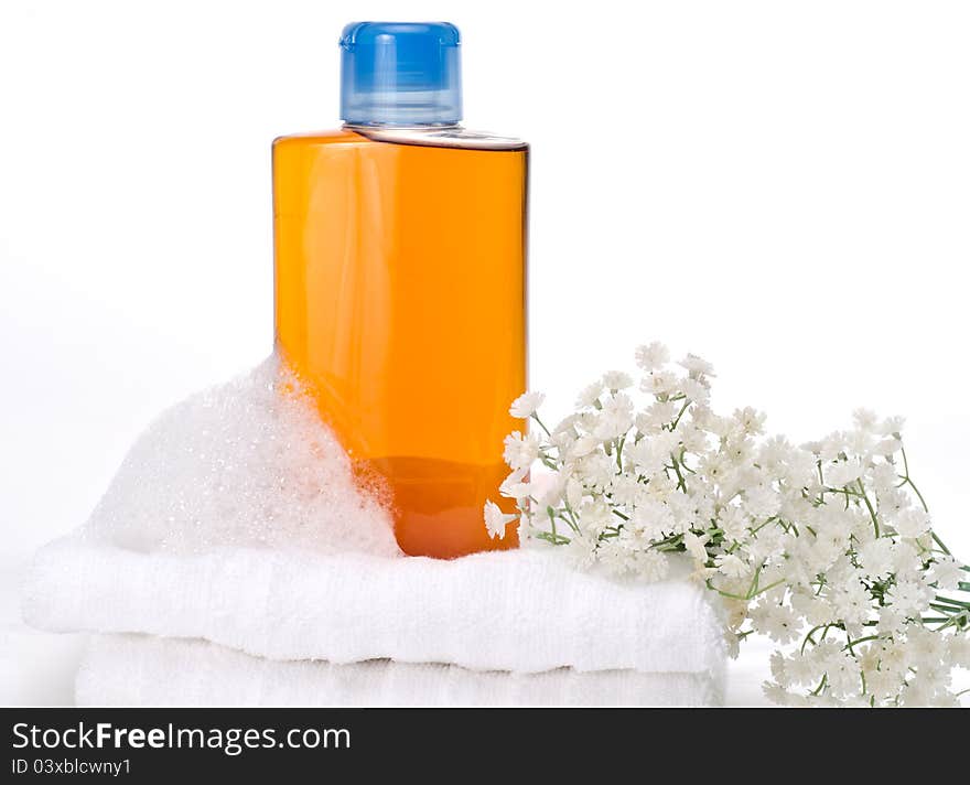 Still life on white background of a bottle od bath foam. Still life on white background of a bottle od bath foam