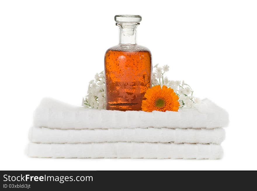 Still life on white background of an old bottle od foam bath. Still life on white background of an old bottle od foam bath