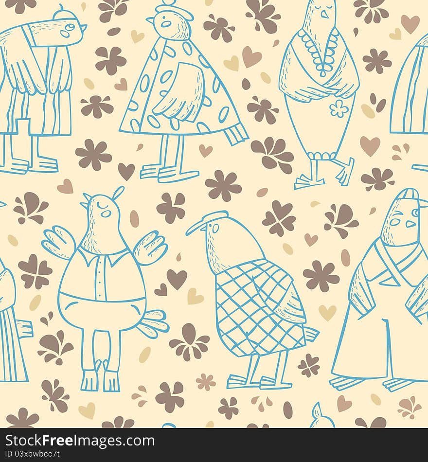 Children and Youth pattern, bird girl, bird-boys, the birds in different clothing, different characters, floral background