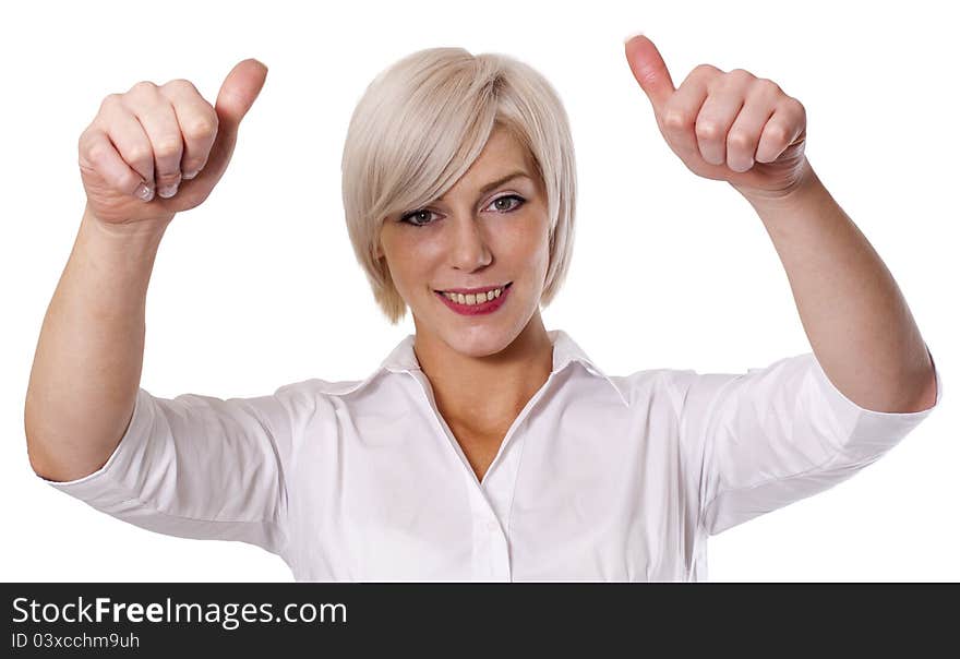 Young business woman with thumbs up