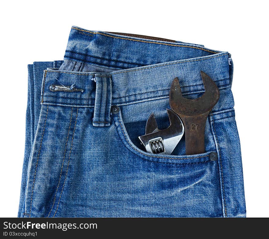 Blue jeans pocket with old tool