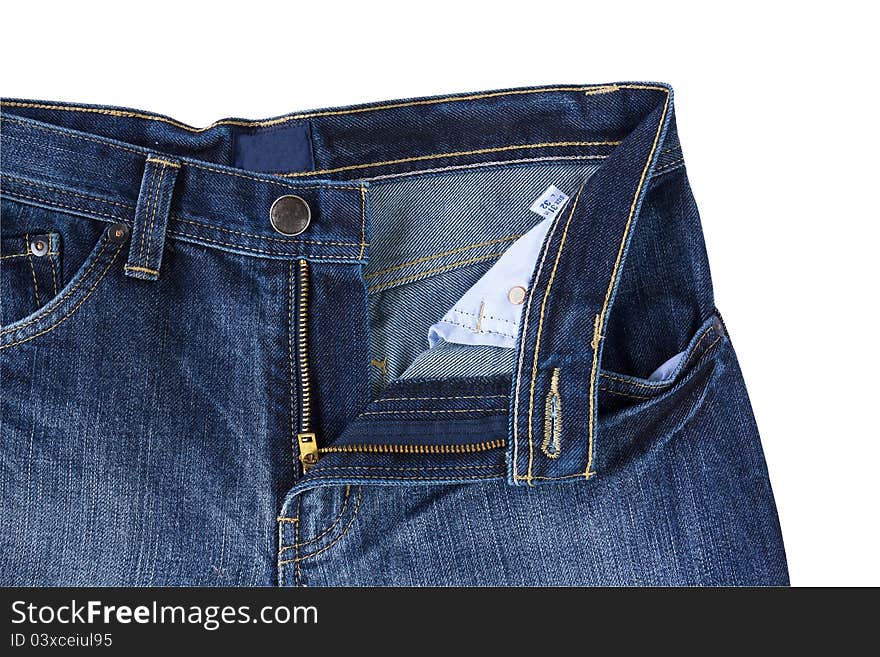 Front Blue jeans open zip isolated on the white background