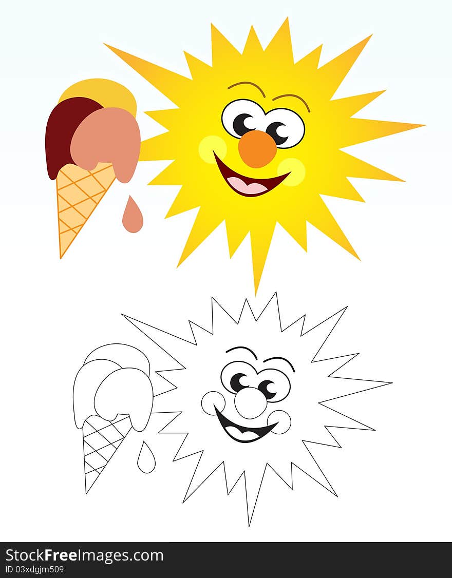 Cute sun cartoon character and ice cream. The blank version could be used for coloring book pages for kids. Cute sun cartoon character and ice cream. The blank version could be used for coloring book pages for kids.