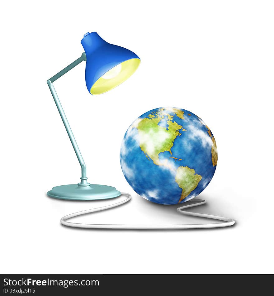 A desk lamp shining on the planet earth from the planet using an electrician. A desk lamp shining on the planet earth from the planet using an electrician