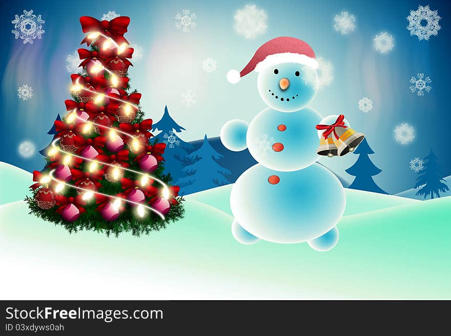 Illustration of snowman and xmas tree background.