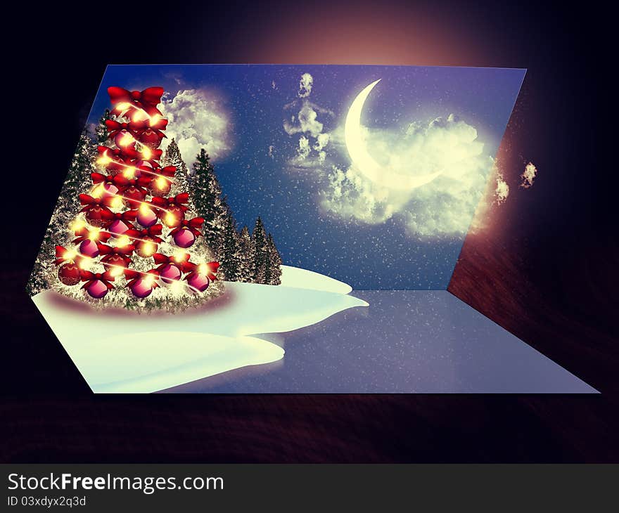 Christmas tree with decoration and snow