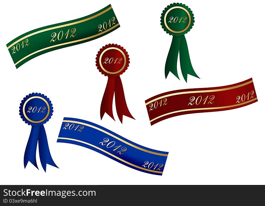 Sets of 2012 banners and badges on red blue and green on white background