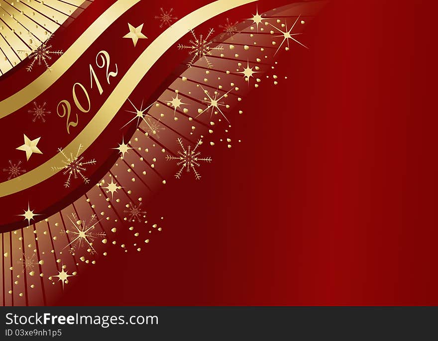 2012 festive red background with golden text, stars and rays. 2012 festive red background with golden text, stars and rays