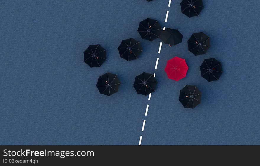 Red umbrella above the rest. Rendered image. Red umbrella above the rest. Rendered image