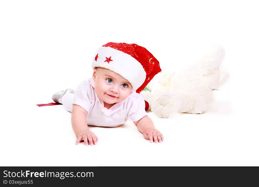 Babe in santa hat on white background. Babe in santa hat on white background