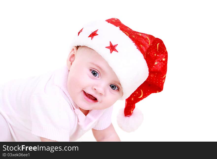 Babe in santa hat isolated on white background. Babe in santa hat isolated on white background