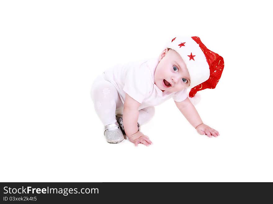 Surprise baby in Santa hat on white background. Surprise baby in Santa hat on white background