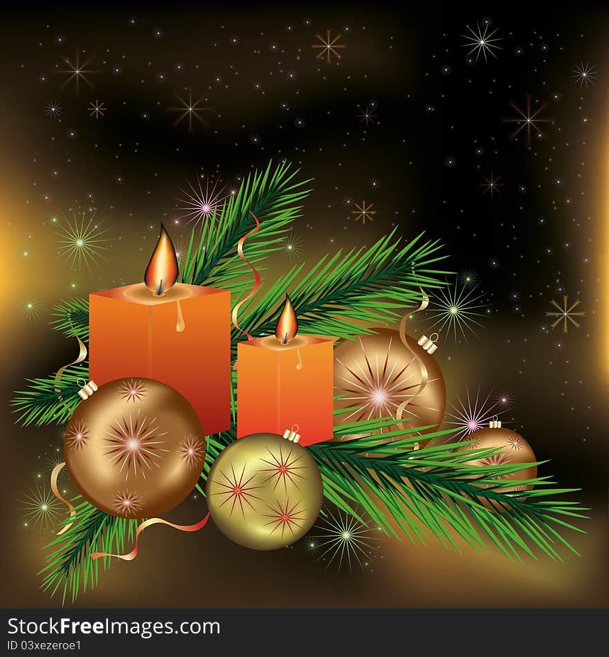 Bright festive New year and Christmas postcard with candles, branches of a fir-tree, christmas balls, stars and snowflakes. Vector illustration. Bright festive New year and Christmas postcard with candles, branches of a fir-tree, christmas balls, stars and snowflakes. Vector illustration.