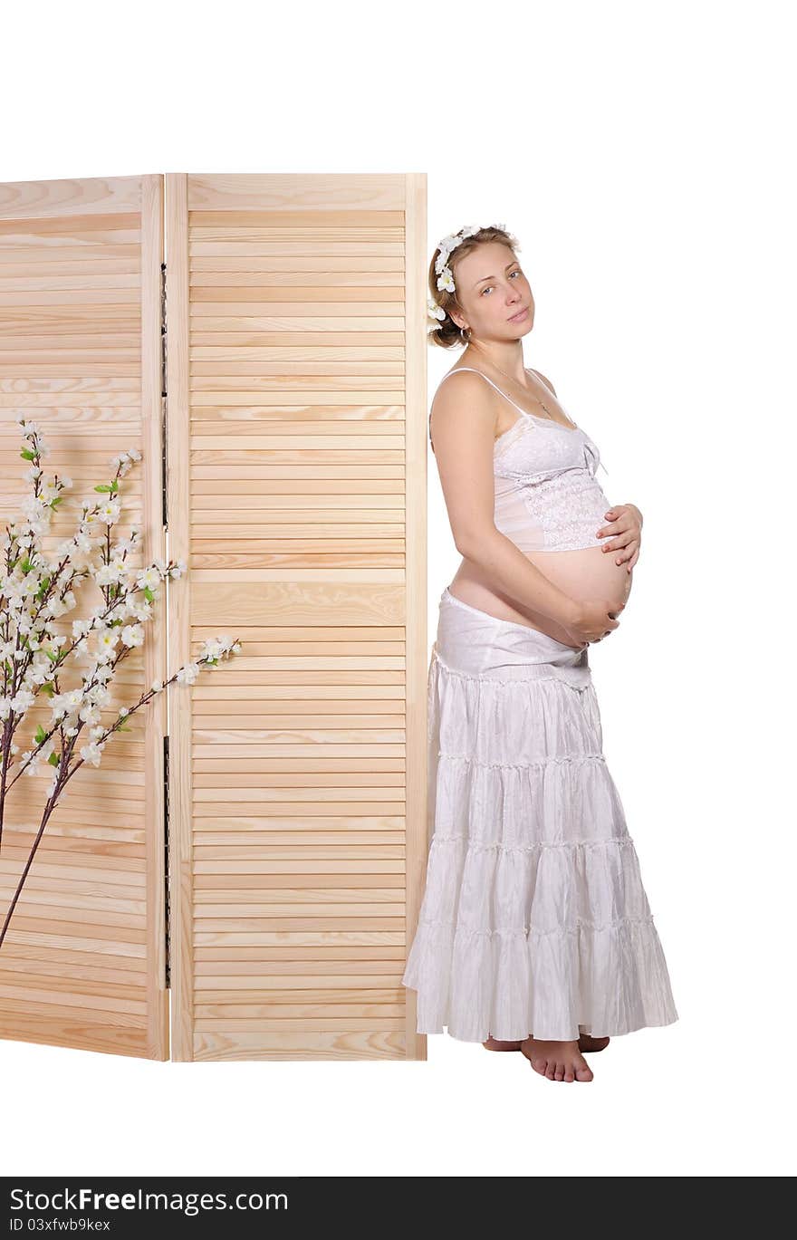 Beautiful pregnant woman stands near a wooden fence. Beautiful pregnant woman stands near a wooden fence