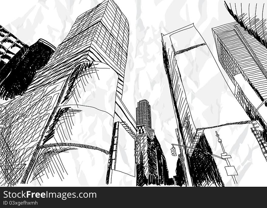 Hand drawn cityscape on white background