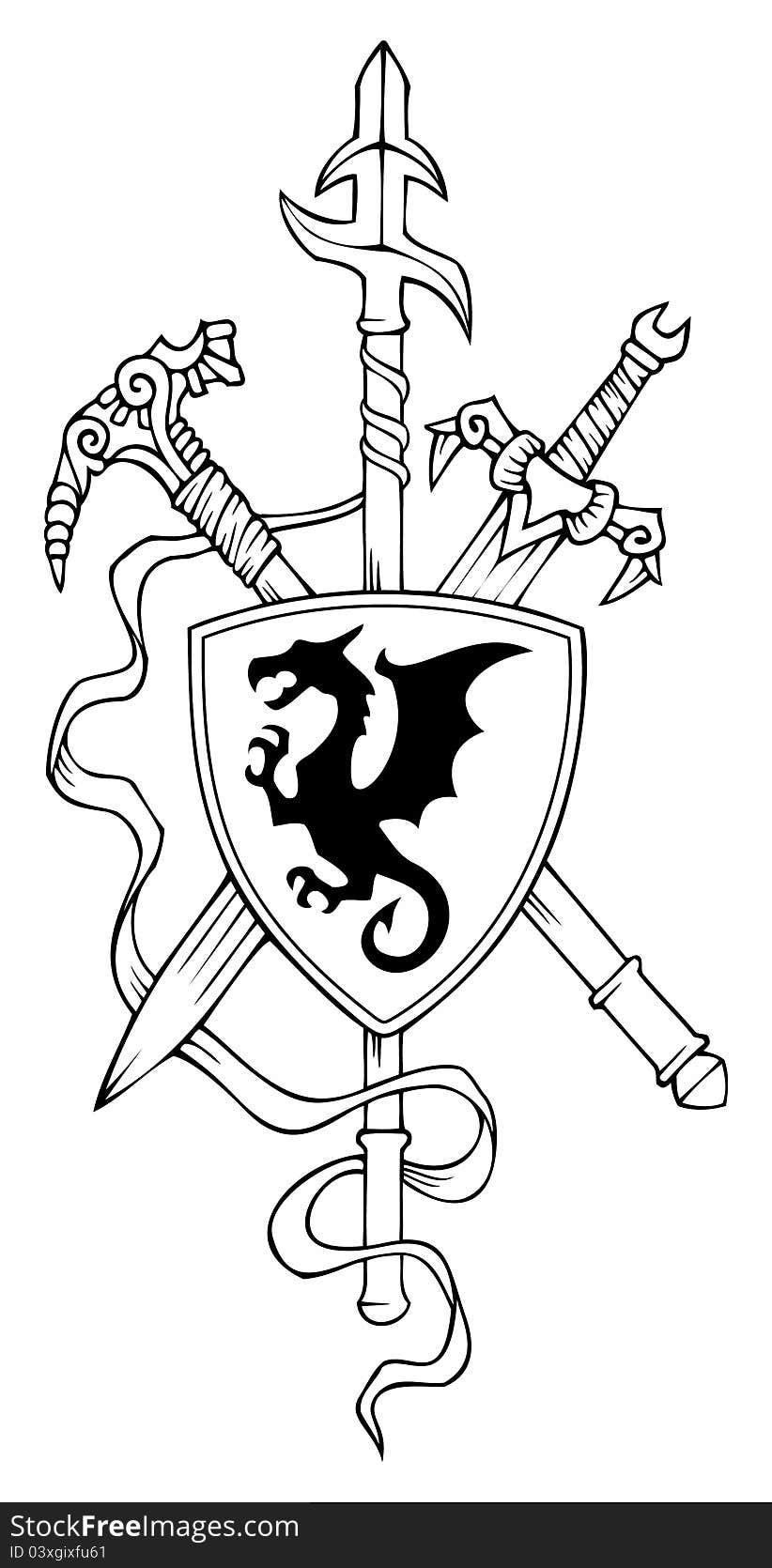 Coat of arms: spear, sword, hammer and shield, vector illustration