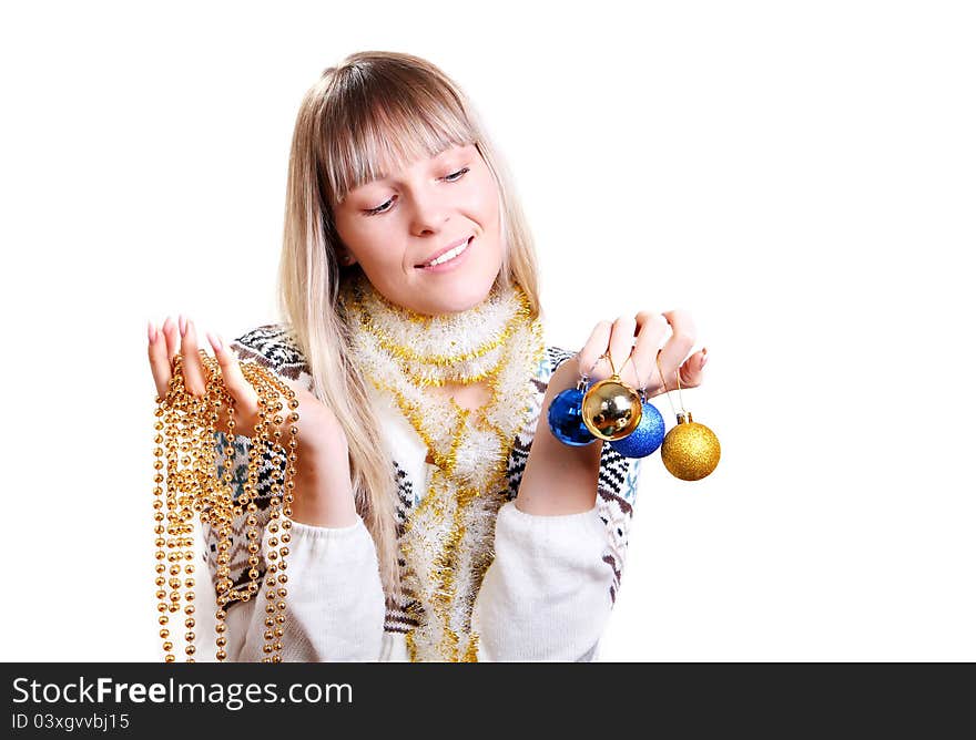 Beautiful woman holding a Christmas balls isolated on white background. Beautiful woman holding a Christmas balls isolated on white background