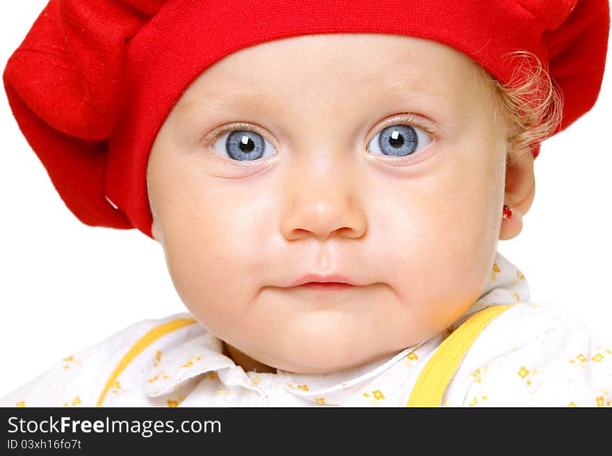 Close up of baby girl with big blue eyes isolated on white background. Close up of baby girl with big blue eyes isolated on white background