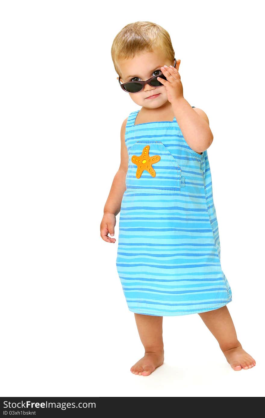 Kiddie with sunglasses and cool look isolated on white background. Kiddie with sunglasses and cool look isolated on white background