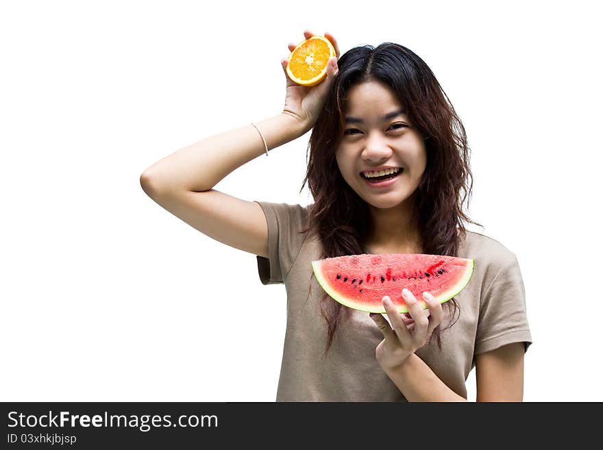 Beautiful girl show fruits in her hand. Beautiful girl show fruits in her hand