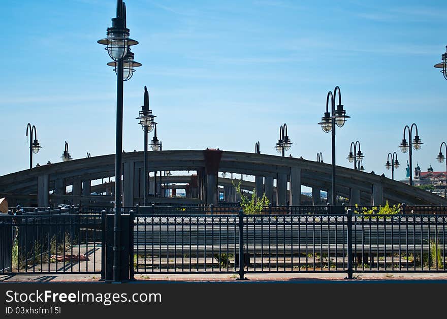 Many electricity poles in a park