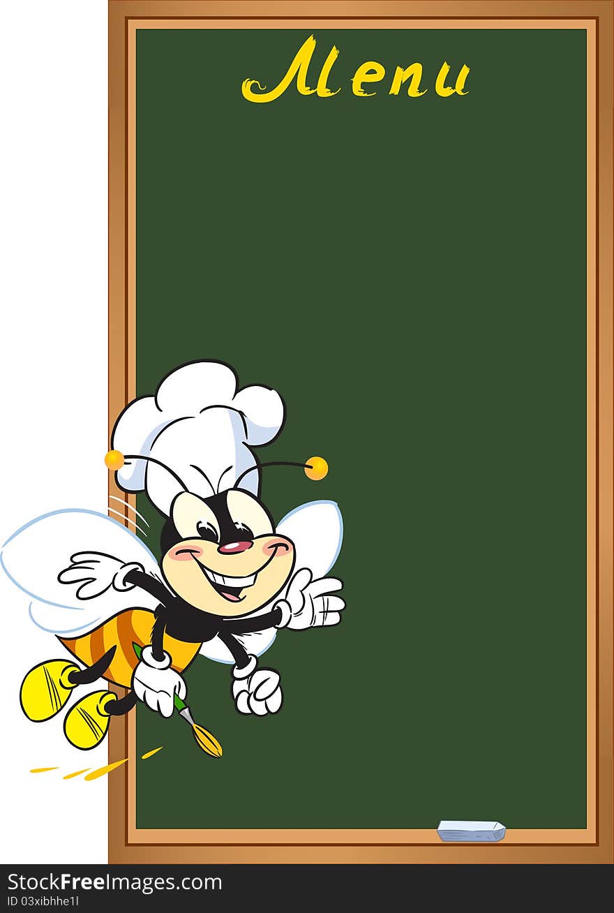 The illustration shows funny bee near board with the menu.Illustration done in cartoon style on separate layers.