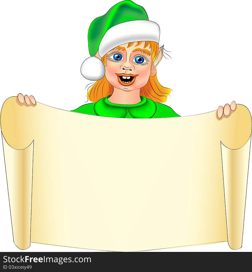 Funny cartoon Christmas Elf with a scroll in his hand. Funny cartoon Christmas Elf with a scroll in his hand