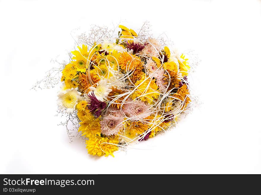 Flower arrangement of pink, yellow and white chrysanthemums and dahlias. Flower arrangement of pink, yellow and white chrysanthemums and dahlias