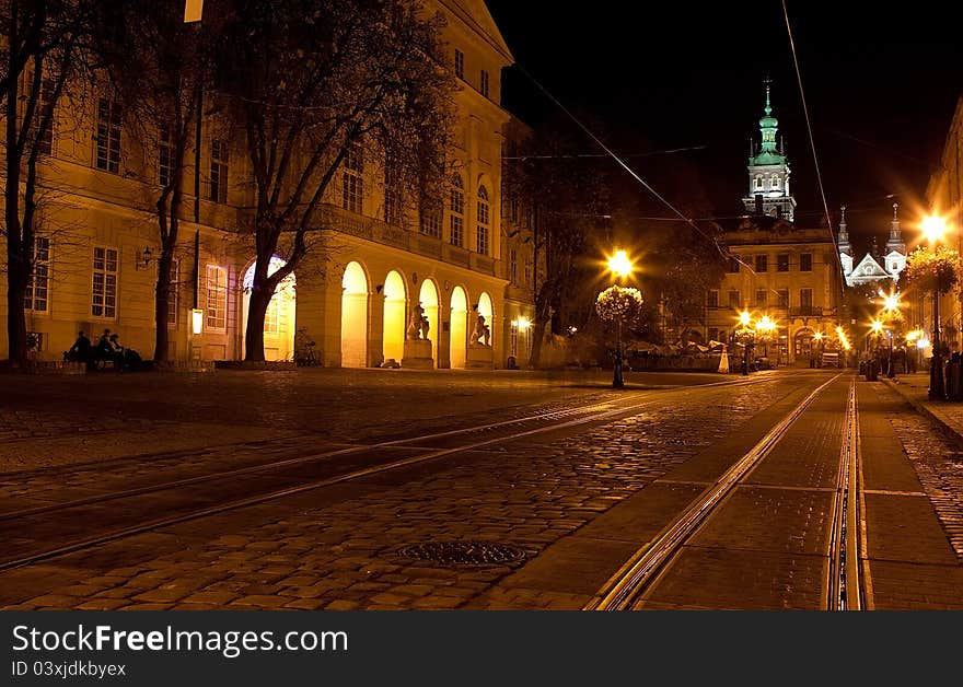 Street in Lviv city center at night. Street in Lviv city center at night