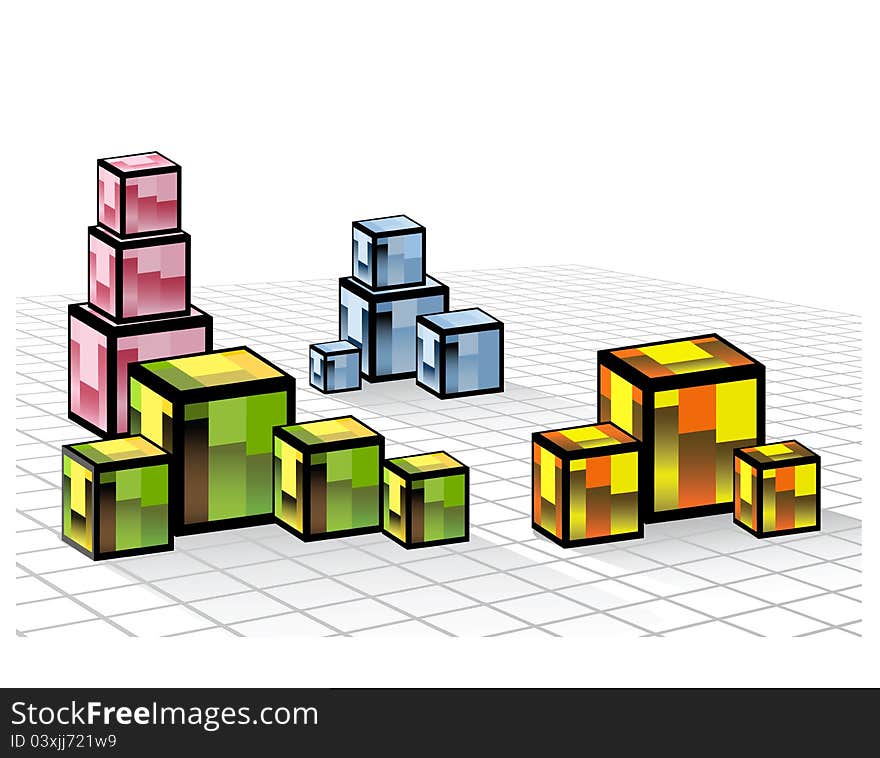 Abstract composition of a set of colored cubes