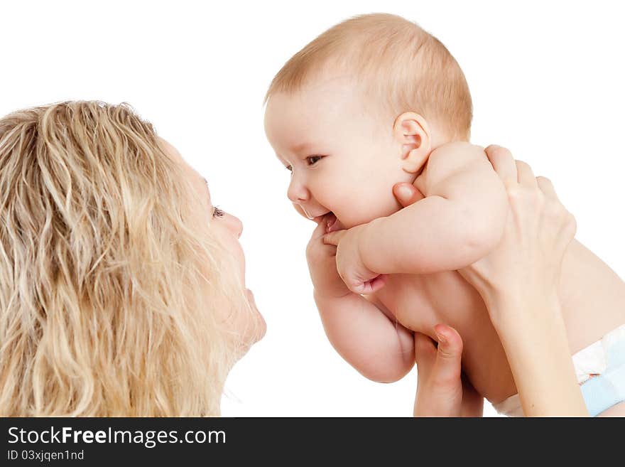 Portrait of loving mother and her child on white background