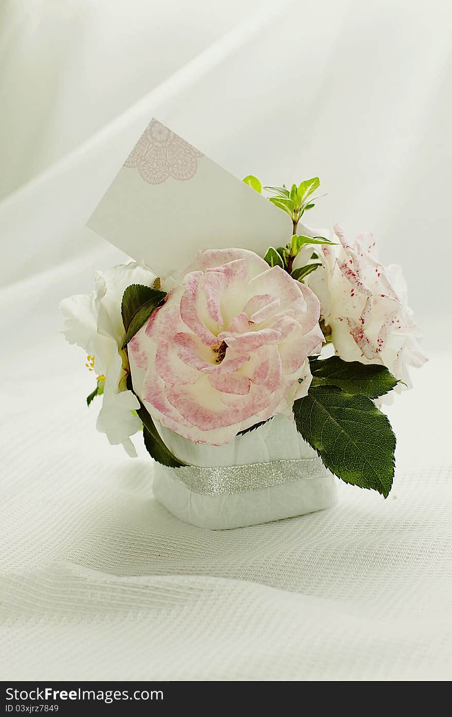 Bouquet of pink roses with gift card. Bouquet of pink roses with gift card