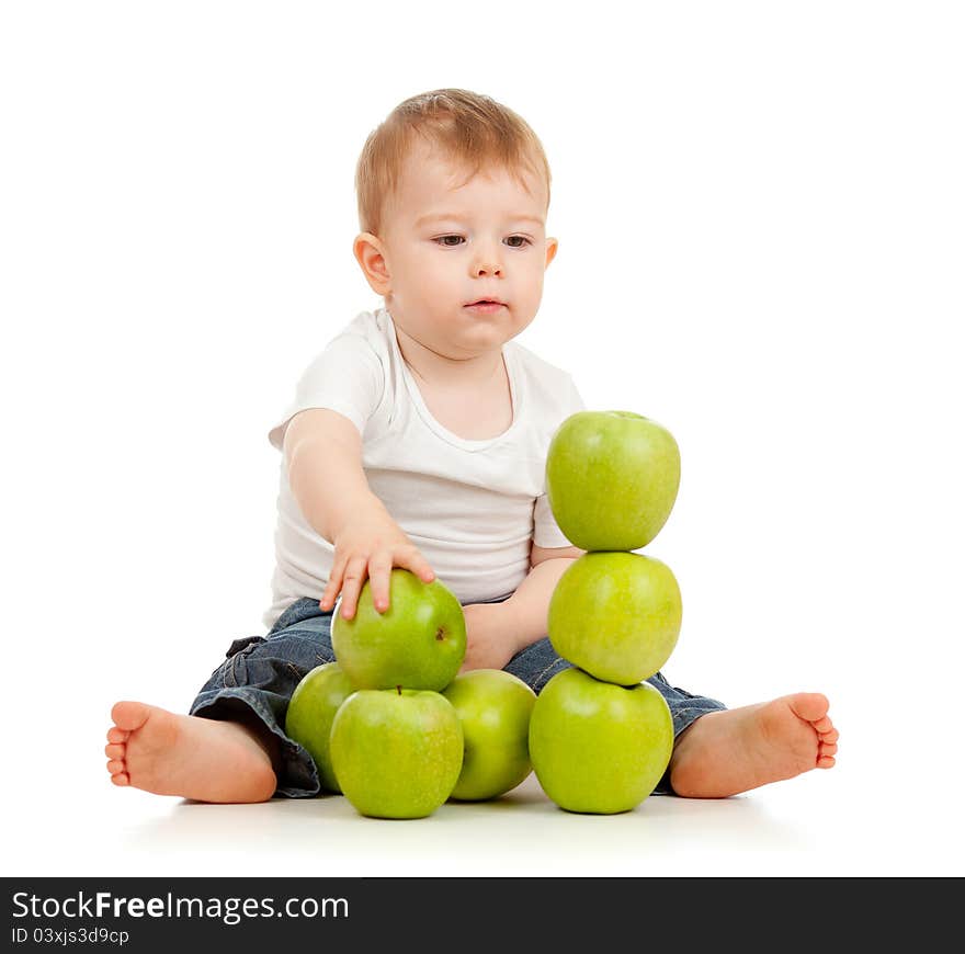 Adorable child with healthy food green apples. Adorable child with healthy food green apples