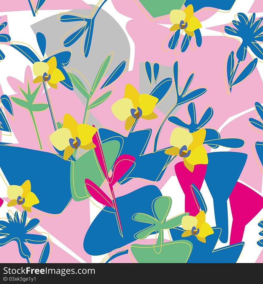 Seamless floral orchid pattern with bright colors