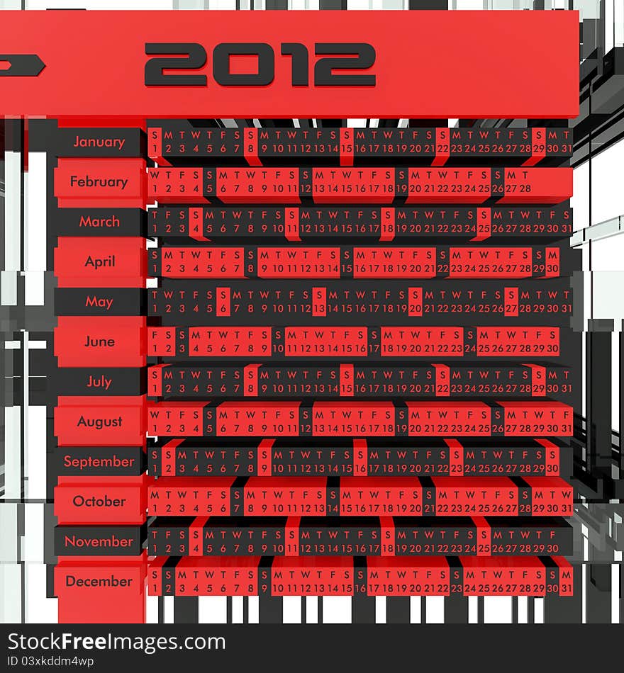 2012 Calendar 3D concept design – 3D representation of a futuristic calendar made ​​of red and black 3d elements.