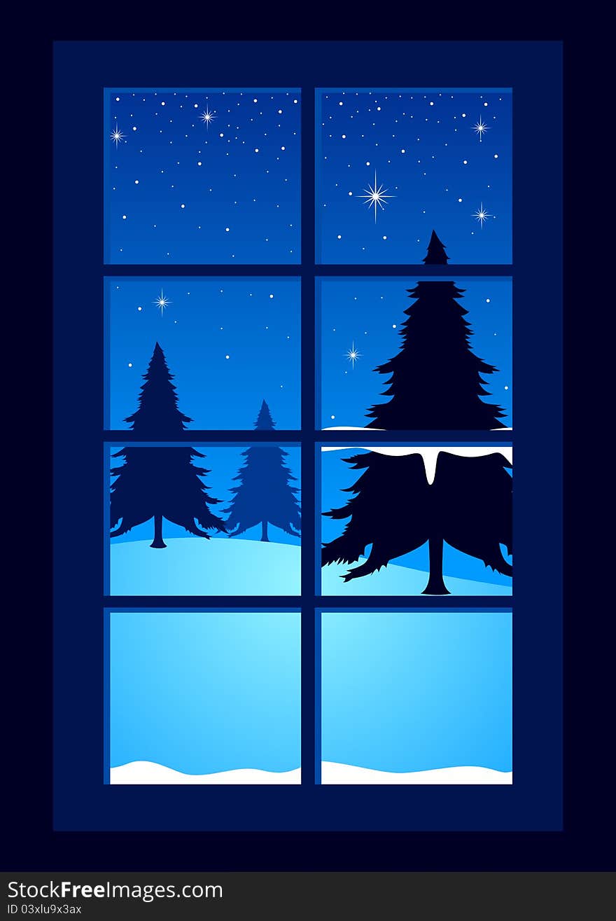 Illustration of pine trees seen through the window in wintertime. Illustration of pine trees seen through the window in wintertime