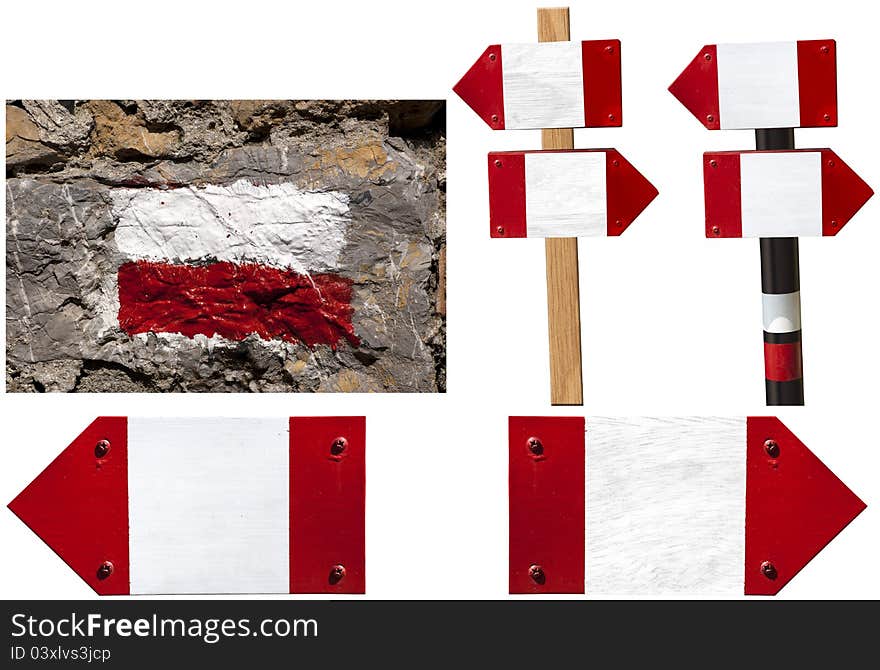 Red and white signposts