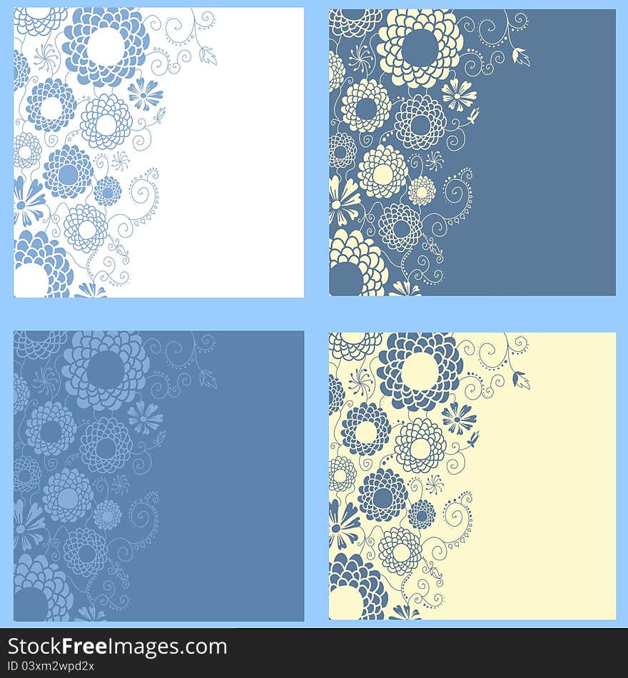 Collection of romantic floral backgrounds in blue, white and ivory tones. Vector illustration