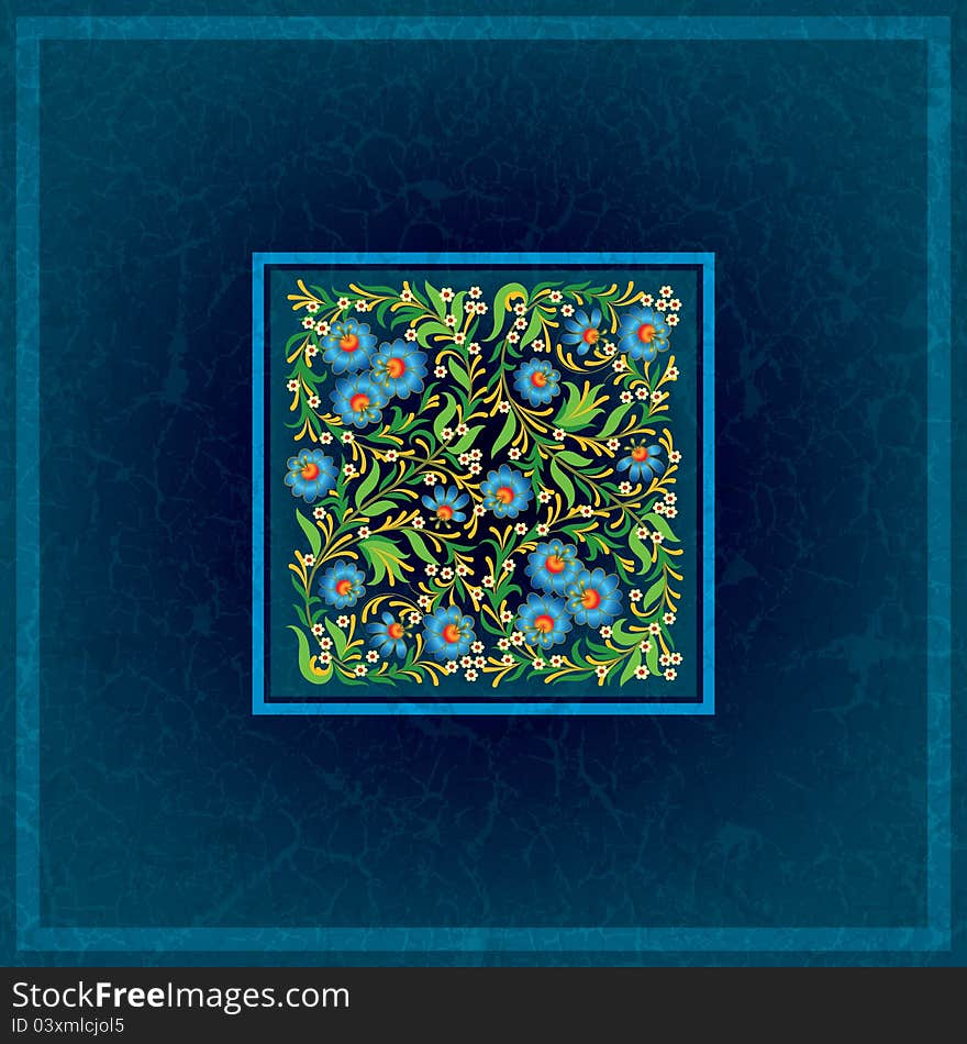 Abctract floral ornament on grunge blue background