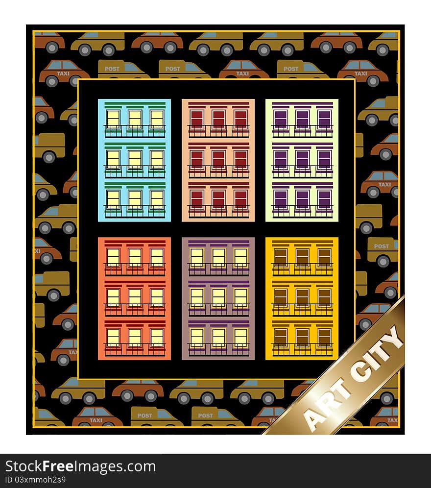 Schematic representation of the town houses on the background of cars