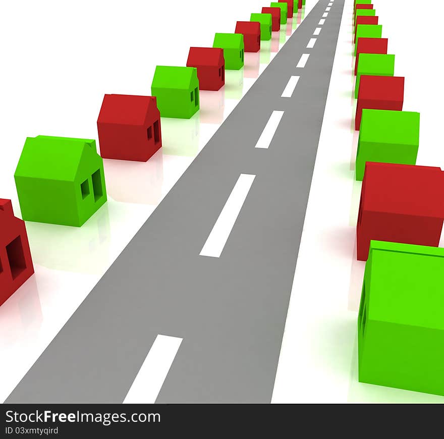 3d image of street with houses on a white background