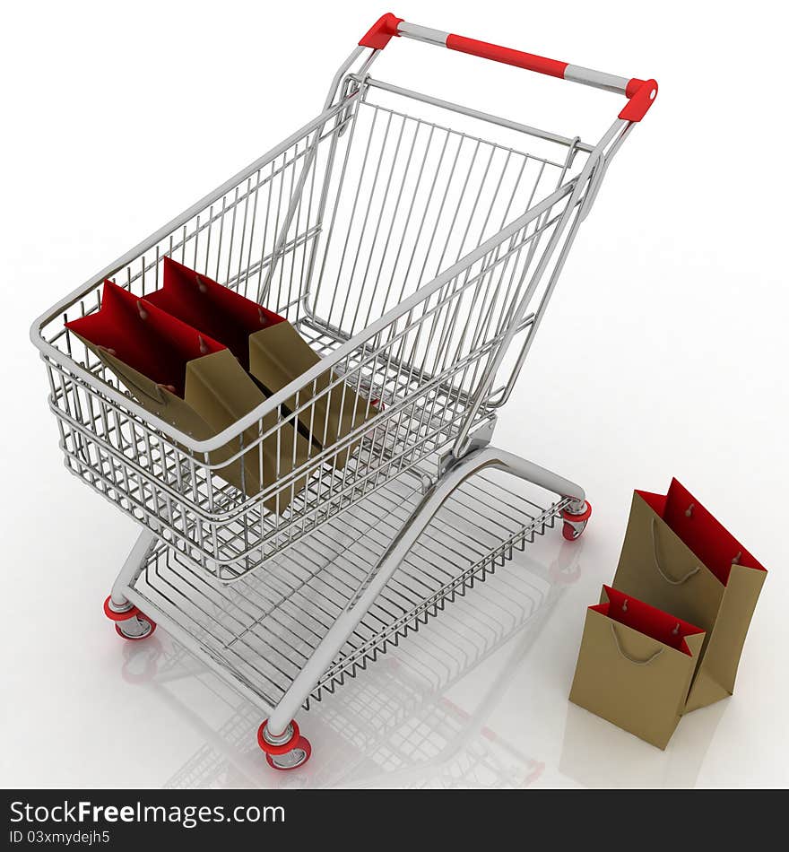 3d render shopping cart and shopping bags