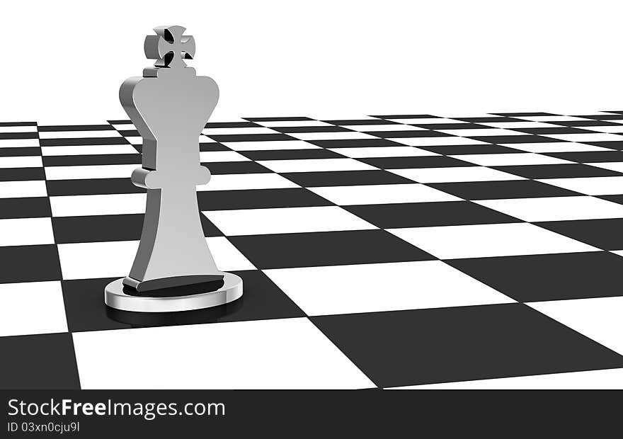 Close up of a chess board with the king alone (3d render)