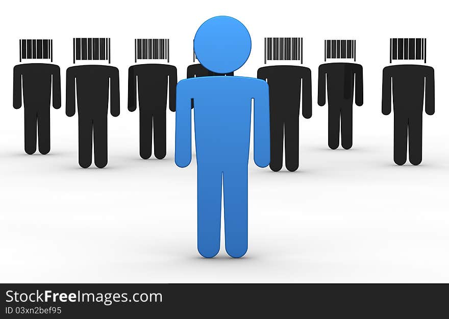 Some cartoon men with a bar code instead of the head and one with a normal head in front of them (3d render). Some cartoon men with a bar code instead of the head and one with a normal head in front of them (3d render)