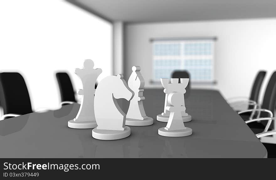 One meeting room with a chess pieces over the table (3d render)